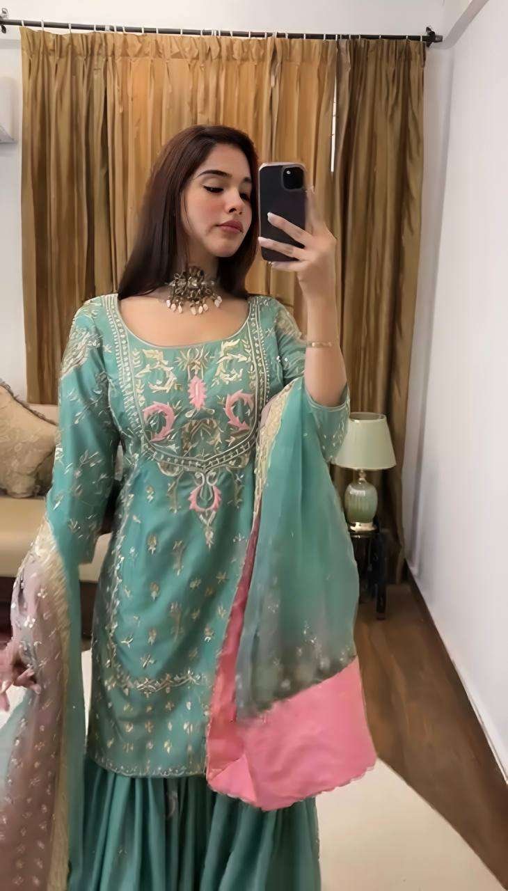 Women's Chinon Silk Heavy Embroidery Straight Kurta With Sharara and Dupatta set - Image 4